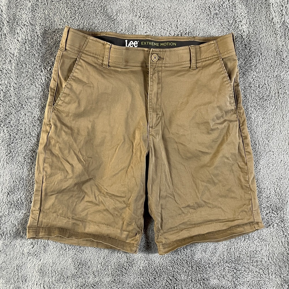 Lee Extreme Motion Chino Shorts Mens 36 Khaki Stretch Flat Front Slash Pocket